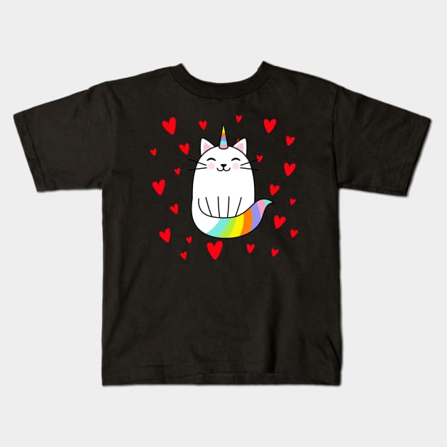 colorful unicorn happy cat love Kids T-Shirt by ZenCloak